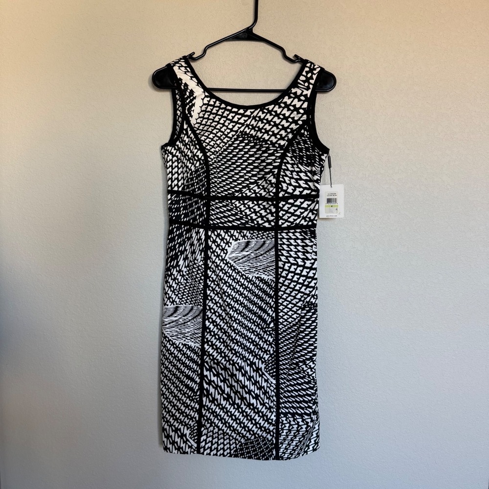 NEW Calvin Klein Womens Black White Geometric Sheath Dress 4 Career Formal NWT